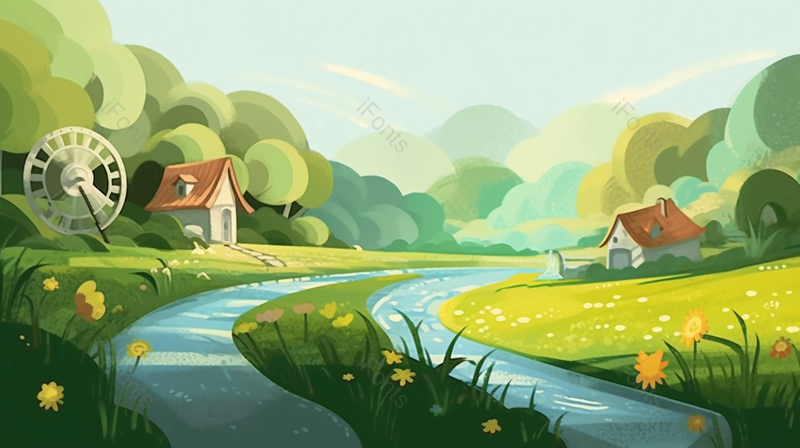 绿色田野和山坡上的水车手绘背景,插画/手绘图,插画/手绘图库,插画/手绘图下载,插画/手绘